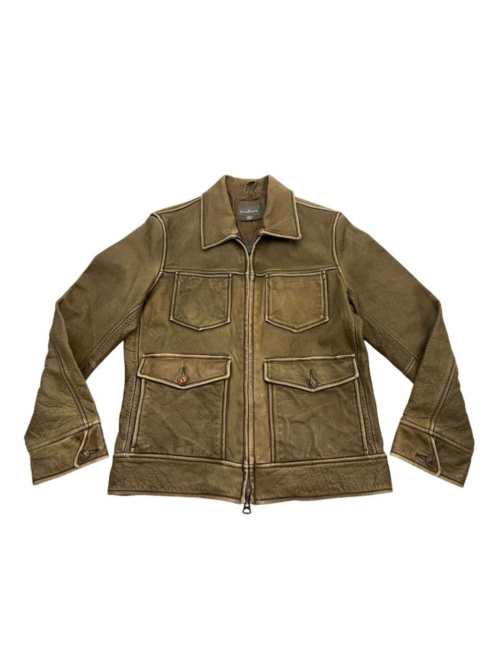 LL BEAN Signature Leather Hunting Jacket Olive Green Taupe EUC